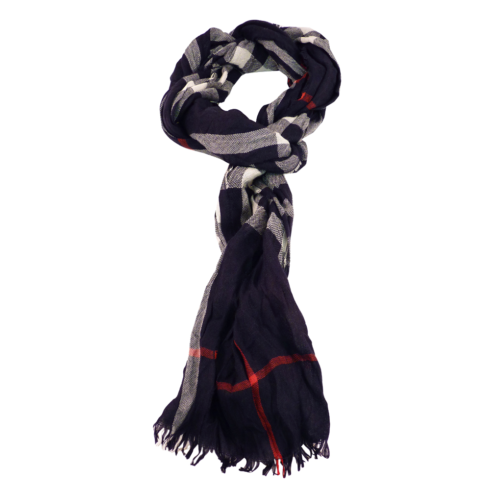 BURBERRY Scarf Navy Check Crinkle Cashmere Mix Lightweight Scarf