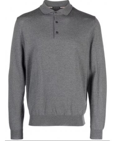 Bono-l Medium Grey Long Sleeved Knitted Polo In Virgin Wool