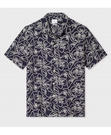 Casual-Fit Navy Floral Embroidery Short-Sleeve Shirt