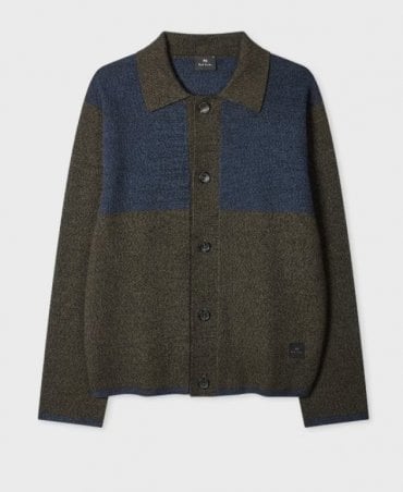 Dark Khaki and Navy Block Cotton-Wool Knit Cardigan