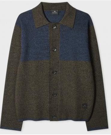 Dark Khaki and Navy Block Cotton-Wool Knit Cardigan