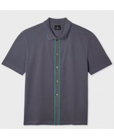 Grey Button-Front Stretch-Cotton Polo Shirt