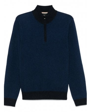 Half-Zip Pullover Wool and Cotton Blend Jumper - Blue