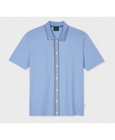 Light Blue Stretch-Cotton Polo Shirt With Tipping