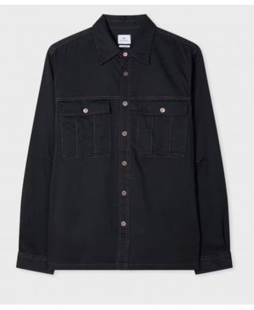 Navy Cotton-Sateen Patch-Pocket Overshirt