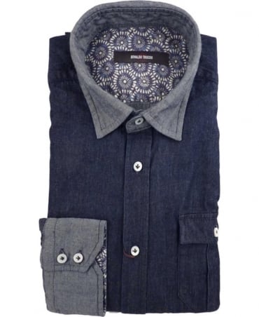 Navy Denim Bulldog Grey Collar Cuff Shirt