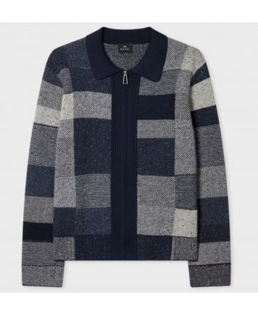 Navy Tonal Patchwork Zip-Through Cardigan