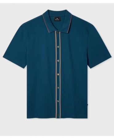 Teal Button-Front Stretch-Cotton Polo Shirt