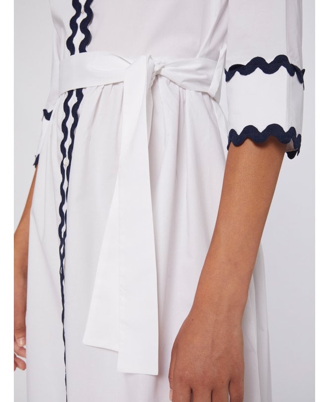 VILAGALLO Natalia White Cotton Dress With Navy Blue Trim Detail