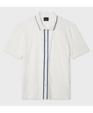 White Button-Front Stretch-Cotton Polo Shirt