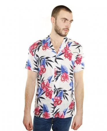 White Flower Print Linen Shirt